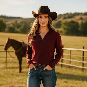 DKNY Jeans Women S Wine Long Sleeves 1/4 Zip Mock Neck Ribbed Sweater Preppy Y2K